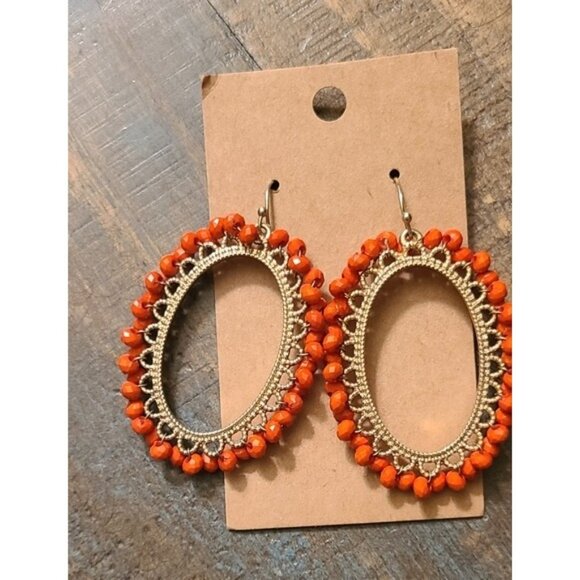 Golden Orange Beaded 2" Dangle Earrings On Shepherd Hooks So Boho So Coquette - Picture 2 of 5